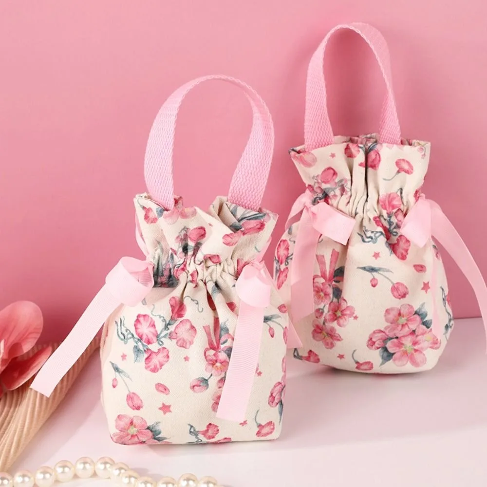 Ribbon Bow Canvas Flower Drawstring Bag Floral Large Capacity Small Flower Wrist Bag Korean Style Bucket Bag Bowknot Handbag