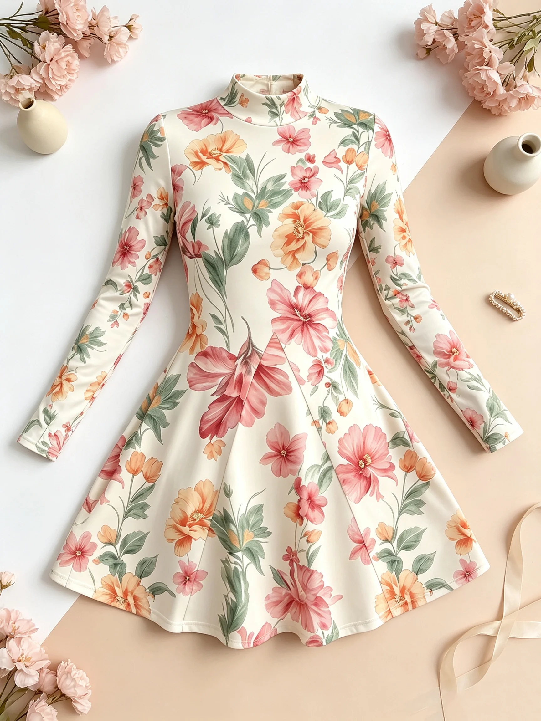 Women's Autumn High Neck Mini Dress Long Sleeve A-Line Skirt Casual Fashion Print with Flower And Leaf Design