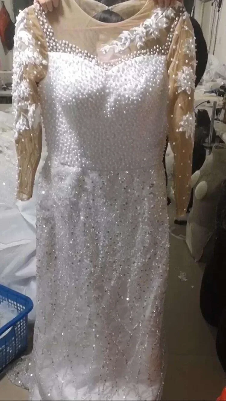 Personalizado brilhante pérolas contas vestido de casamento robe de mariee espartilho volta mangas compridas vestidos de noiva com trem destacável