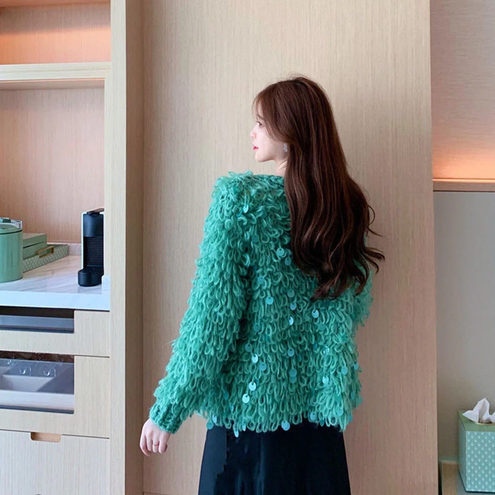 Autumn Korean Style New Knitted Hollow Mohair Sequins Loose Cardigan Sweater Jacket Women Plush Sweater Personality Coat Women