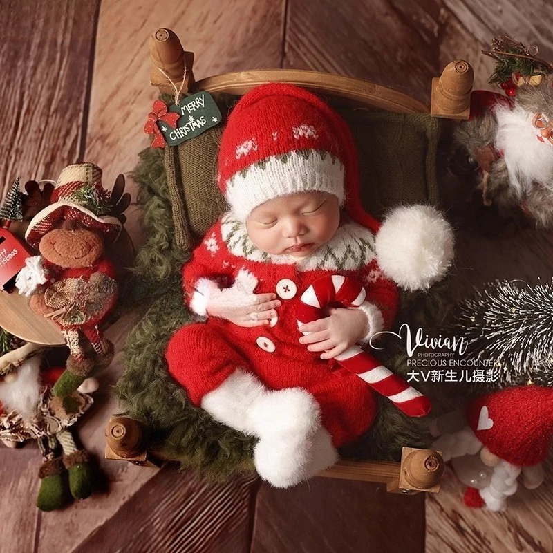 Newborn Photography Props for Baby Christmas Red Outfits Headband Wooden Posing Bed Snowman Decors Accessories Photoshoot Prop