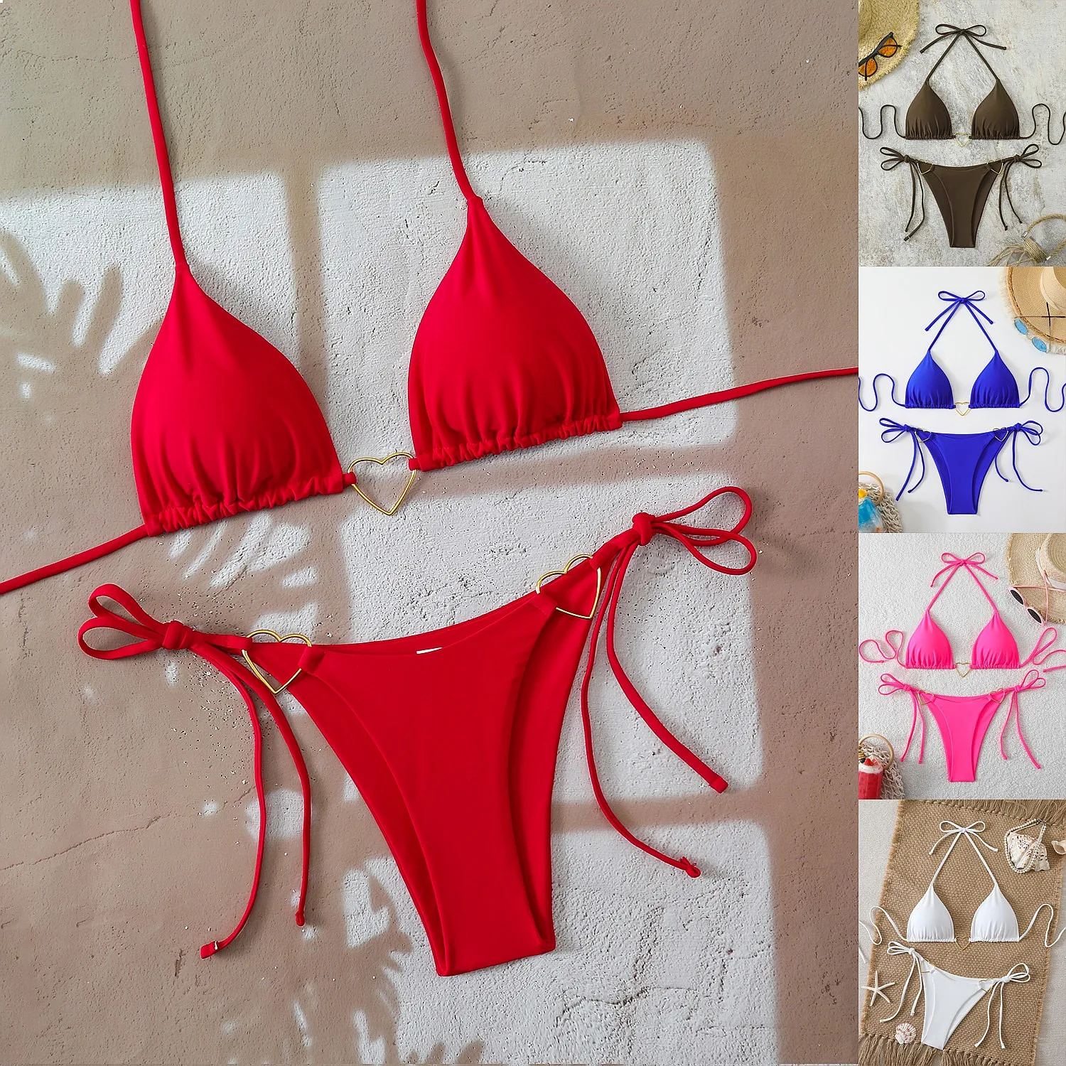 

2026 Solid Triangle Cup Sexy Two Piece Bikini Set Padded Swimwear For Women Summer Beach Bathing Suit