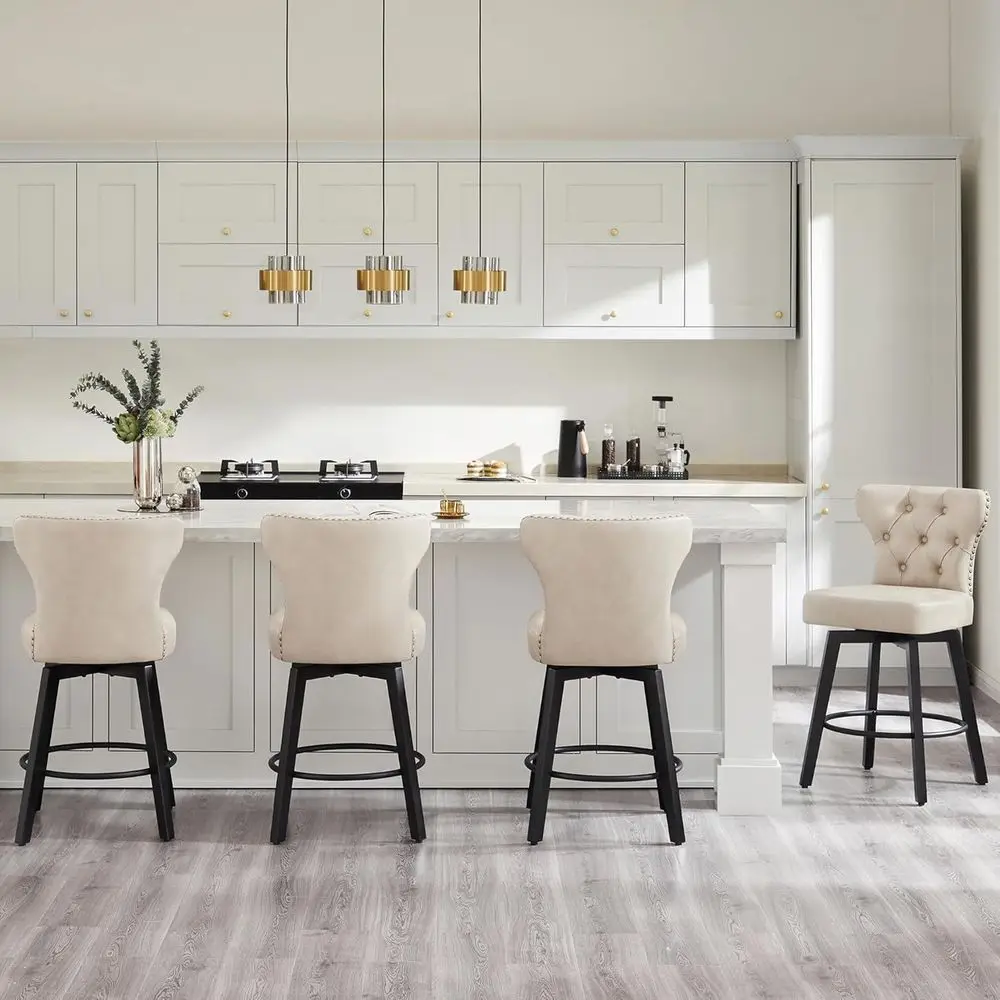 

Set of 4 26 Beige Upholstered Swivel Bar Stools with Backrest, Button Tufting, Wood Legs & Nailhead Trim for Kitchen Island