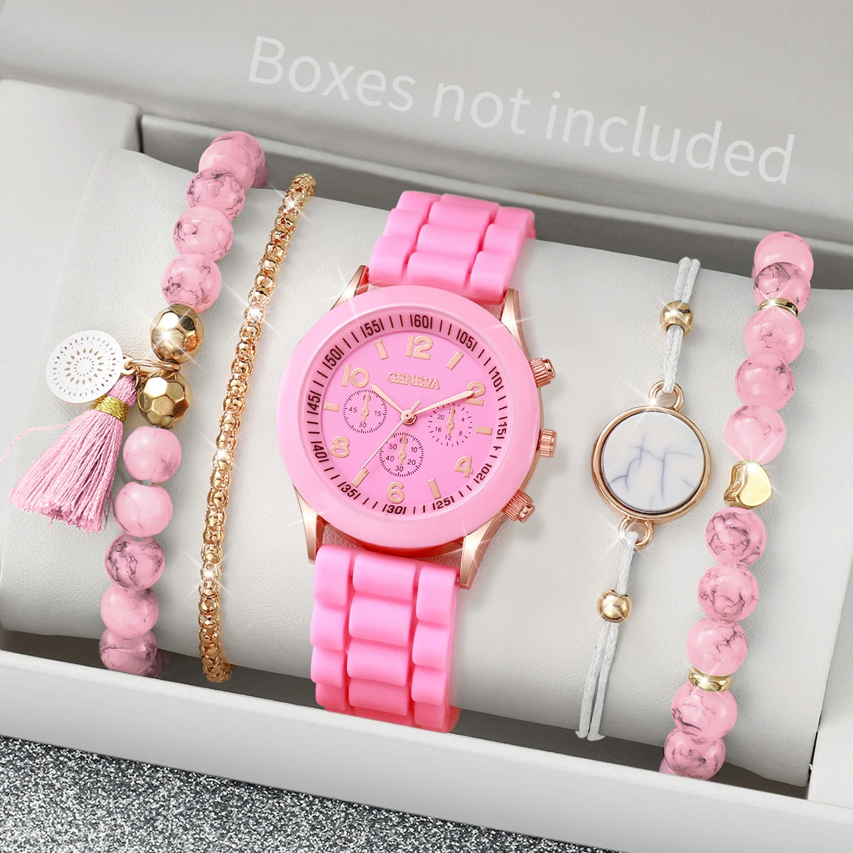 5PCS/Set Fashion Arabic DIal Women Watches Casual Silicone Band Quartz Watch Beadeds Bracelet Set Reloj Mujer（Without Box）