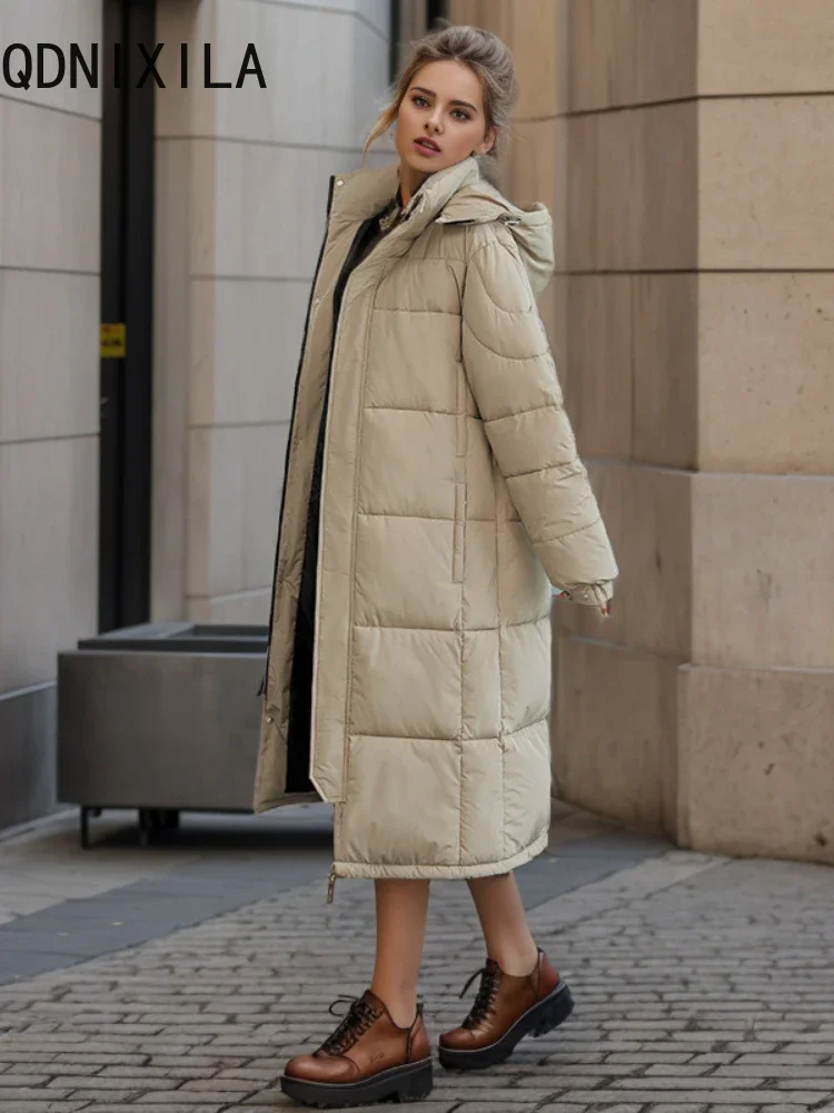 Jaqueta de inverno feminina engrossado longo sobre o joelho casacos elegantes com capuz novo outerwear roupas femininas preto quente parkas