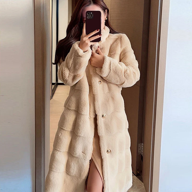 Winter Long Fur Coat Women Warm Stand Collar Single Breasted Fluffy Jacket Faux Fur Mink Coat Women's Trench Overcoat