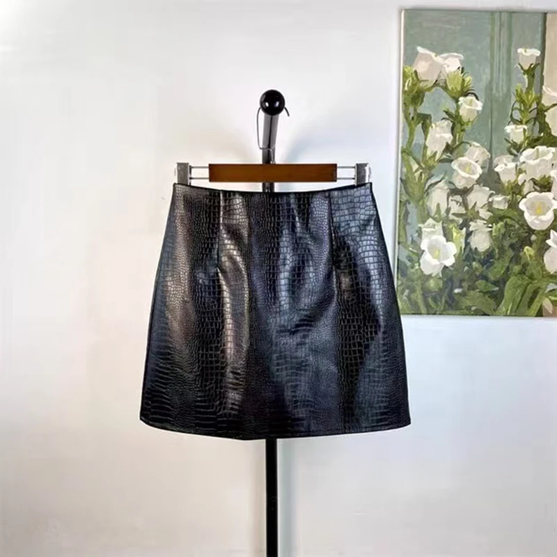 Krokodilmuster PU-Leder Röcke Damen Koreanischer Stil Hohe Taille Batik Mini-Röcke Y2K Vintage Streetwear Vielseitig Kombinierbare A-Linien-Röcke