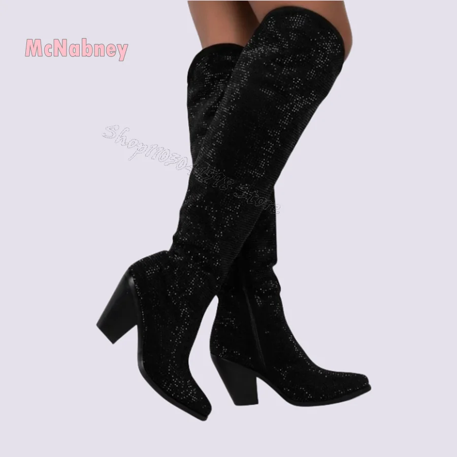 

Blingbling Crystal High Heel Boots Pointed Toe Chunky Knee High Boots Wedding Party Bar Women Boots 2024 New Zapatos Para Mujere