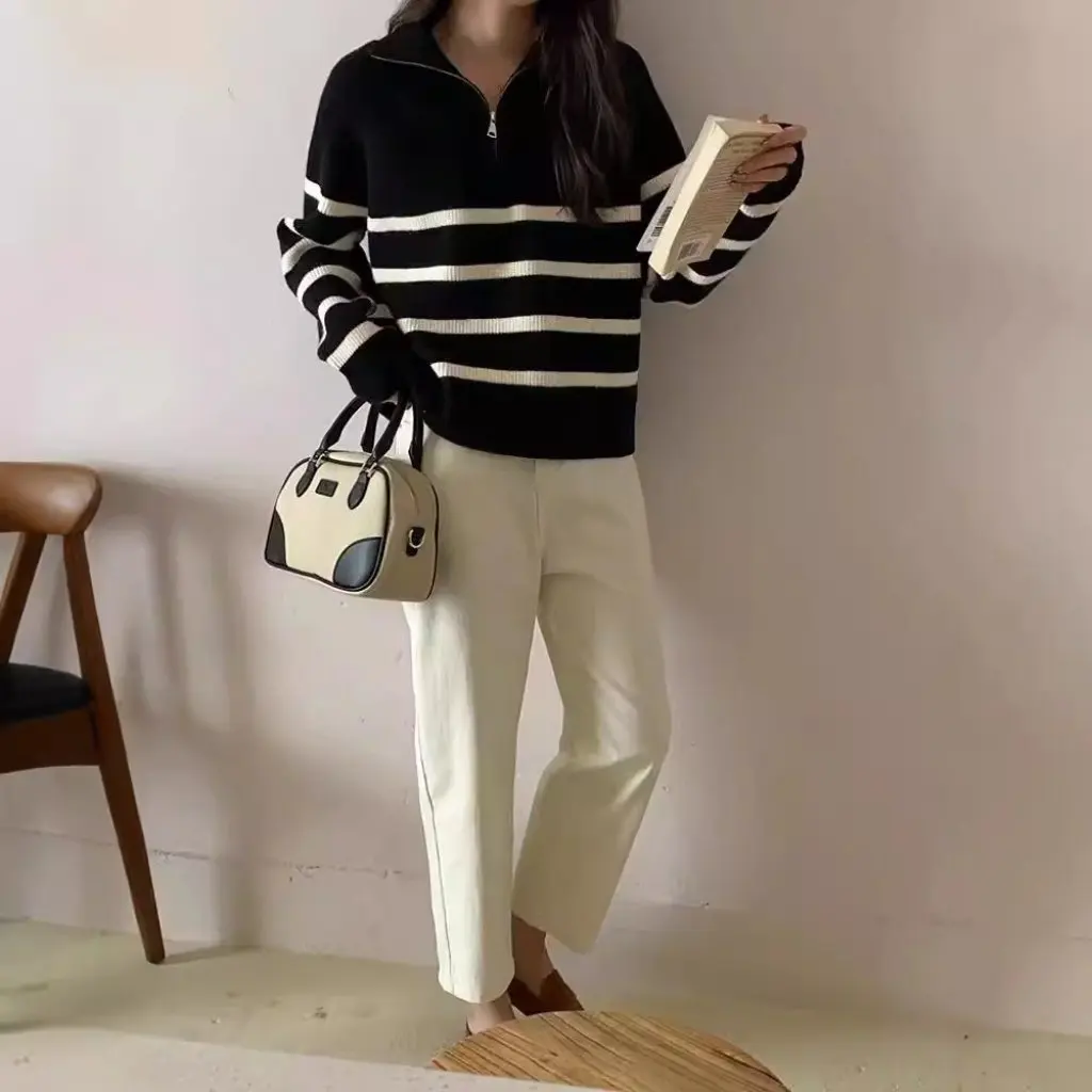 

Women's Classic Striped Long-Sleeved Pullover Sweater with Half-Zipper Design Loose Fit Western-Style Knitted Raslan Sweater