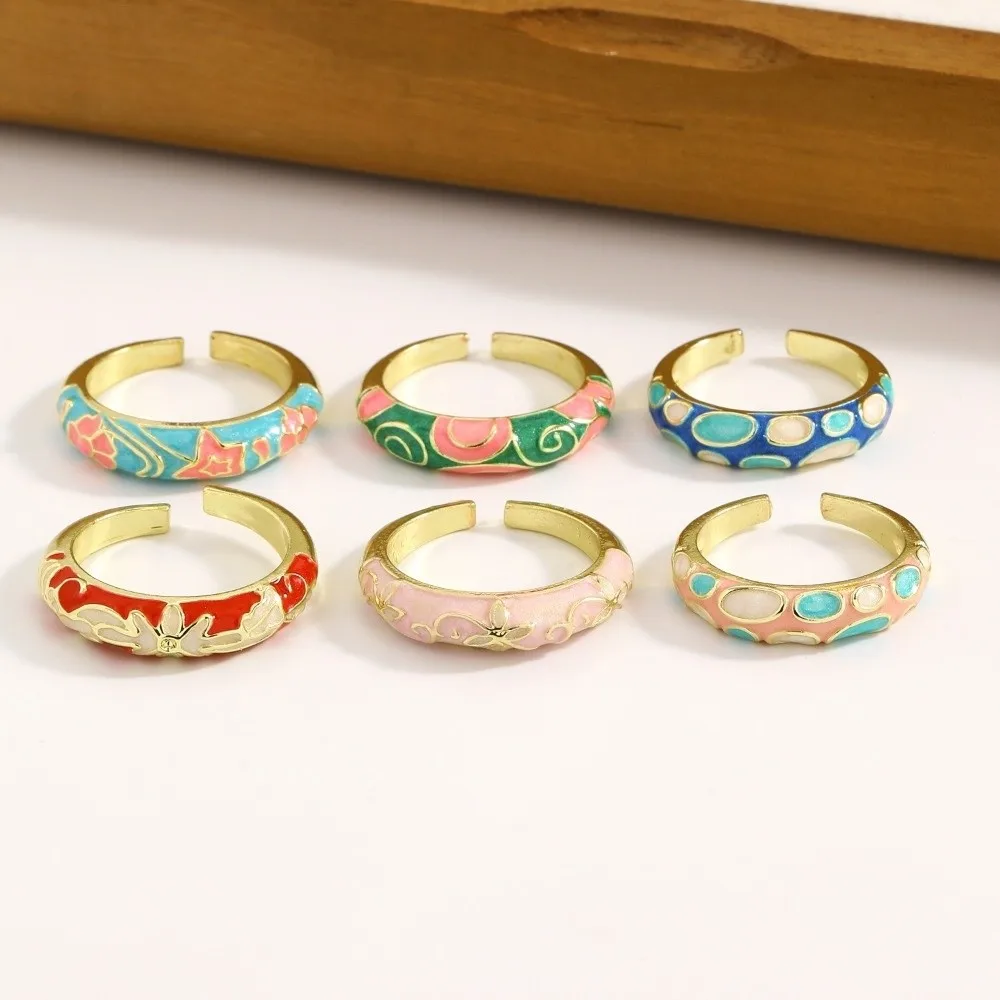 Minimalist Chinese Style Drip Oil Ring Vintage Colorful Enamel Statement Ring Adjustable Ethnic Floral Pattern Ring Anniversary