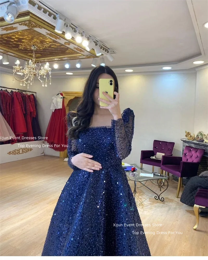 Xijun-vestido de novia con purpurina y lentejuelas, manga larga corta, vestidos de graduación, vestido de fiesta de boda árabe saudita de lujo, 2024