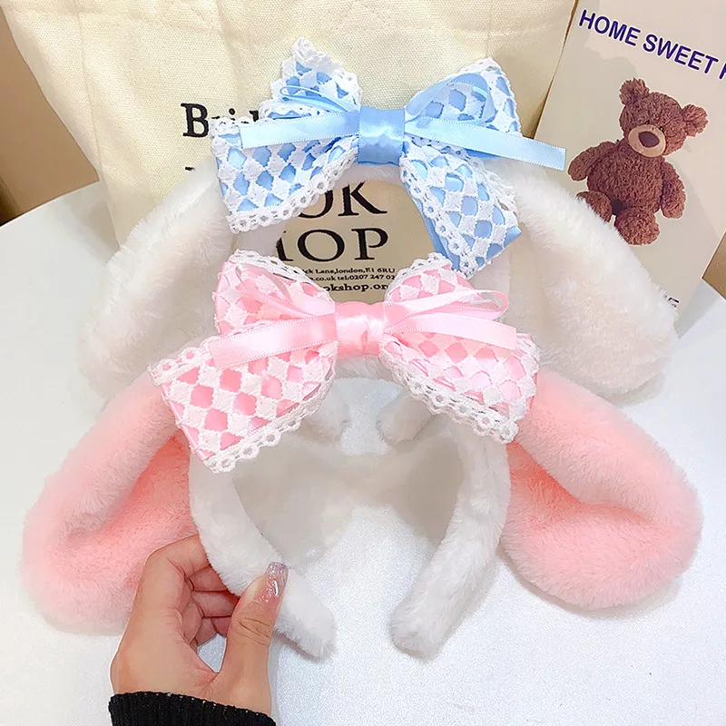 

Korean Style Girl Hairbands Super Cute Big Ears Cartoon Plush Face Wash Bow Tie Headbands for Women Fashion Hair Accessories