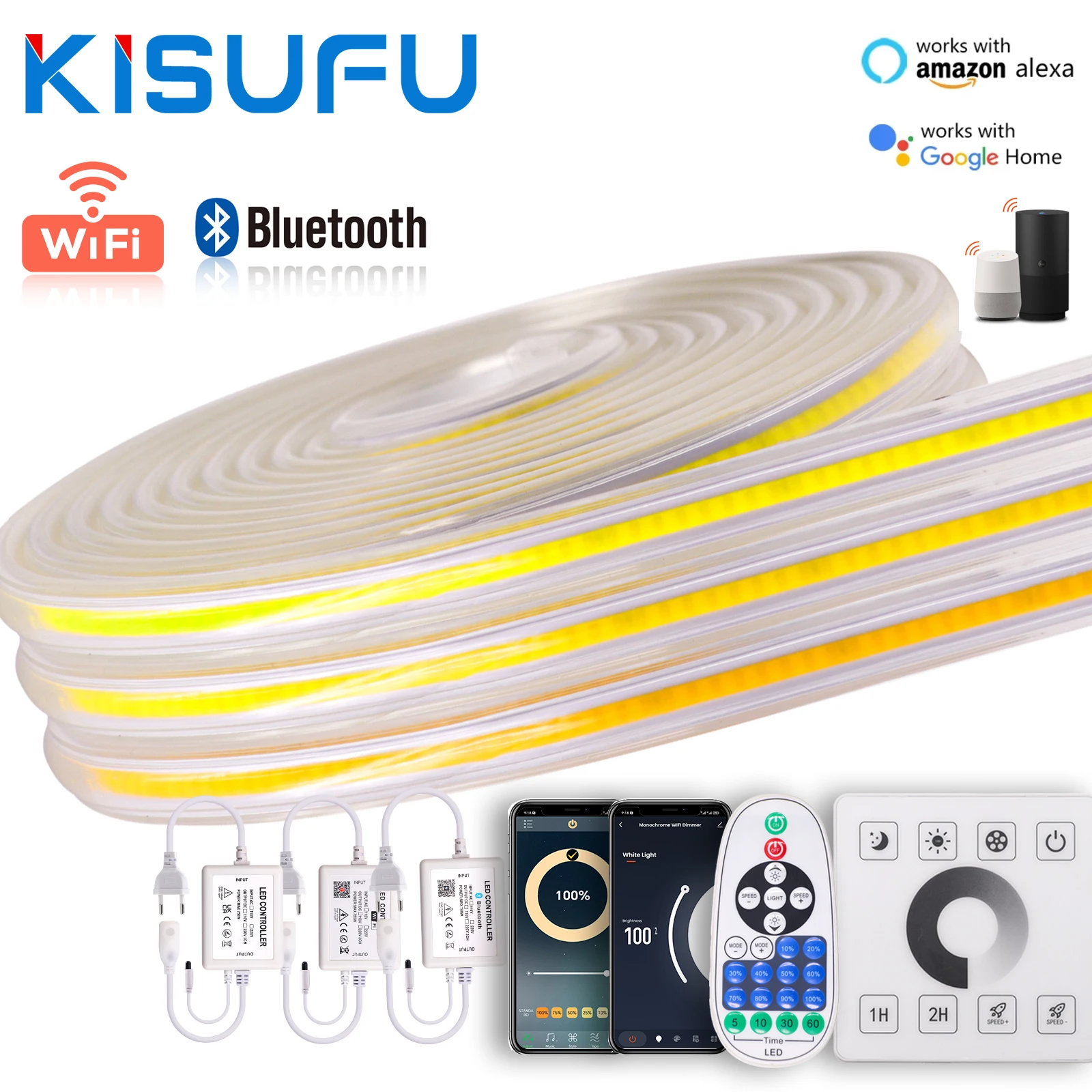 Tira de luces LED COB regulable, impermeable, táctil, WIFI, Bluetooth, aplicación remota, Kit de 220V, 288LEDs/M, cinta Flexible, iluminación lineal