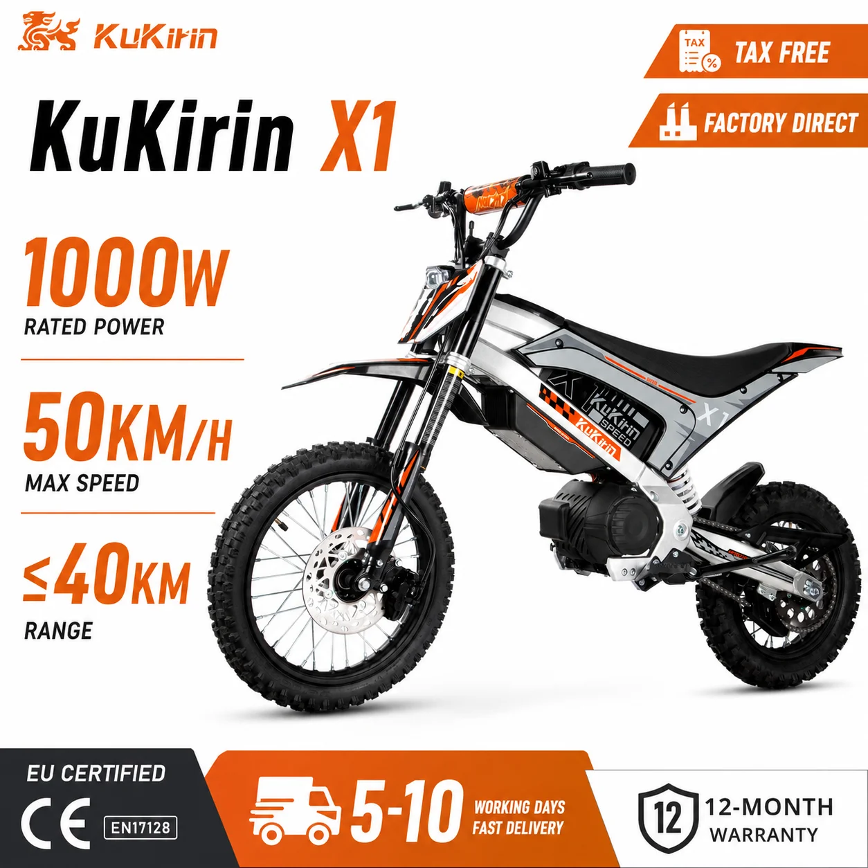 KuKirin X1 Elektro-Dirtbike für Erwachsene 50km/h 1000W Motor 48V 20,8Ah Akku Geländereifen Hydraulische Federung E-Dirtbike