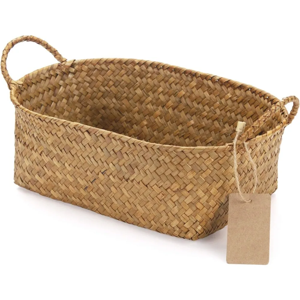 Seegras-Gewebekörbe zur Aufbewahrung, natürlicher Regalmorb mit Griff für Organizer, stapelbar, oval, 3er-Set (groß + mittel + klein)