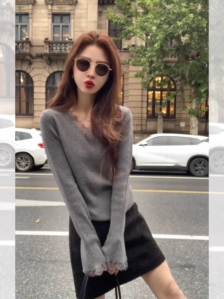 

Корейский вязаный свитер с кружевом V-Ne Splice Long Sve, женский осенне-зимний высококачественный базовый слой irt Inne...