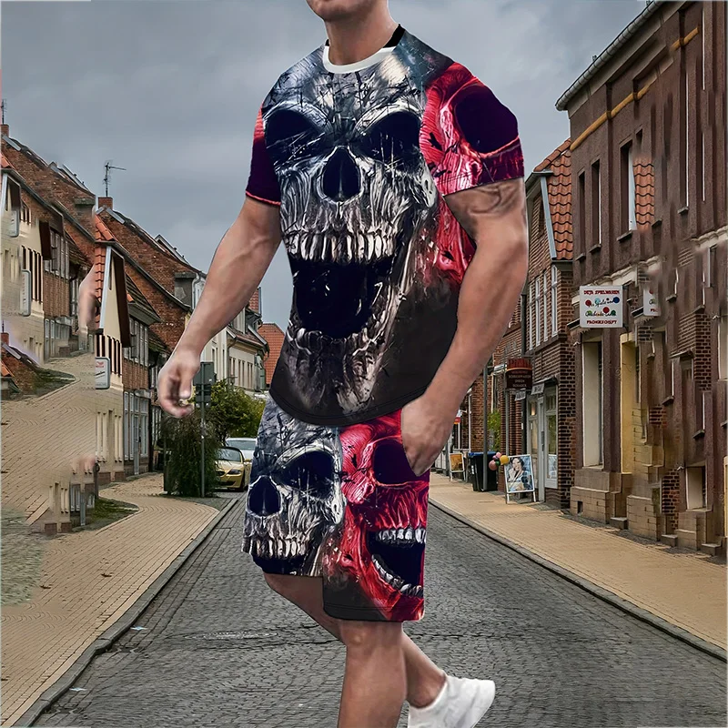 Fashionable New Men's Casual Retro Suit Summer Breathable Refreshing Suit Beach Style Printed 3D Skull Oversized Men's Loose Top