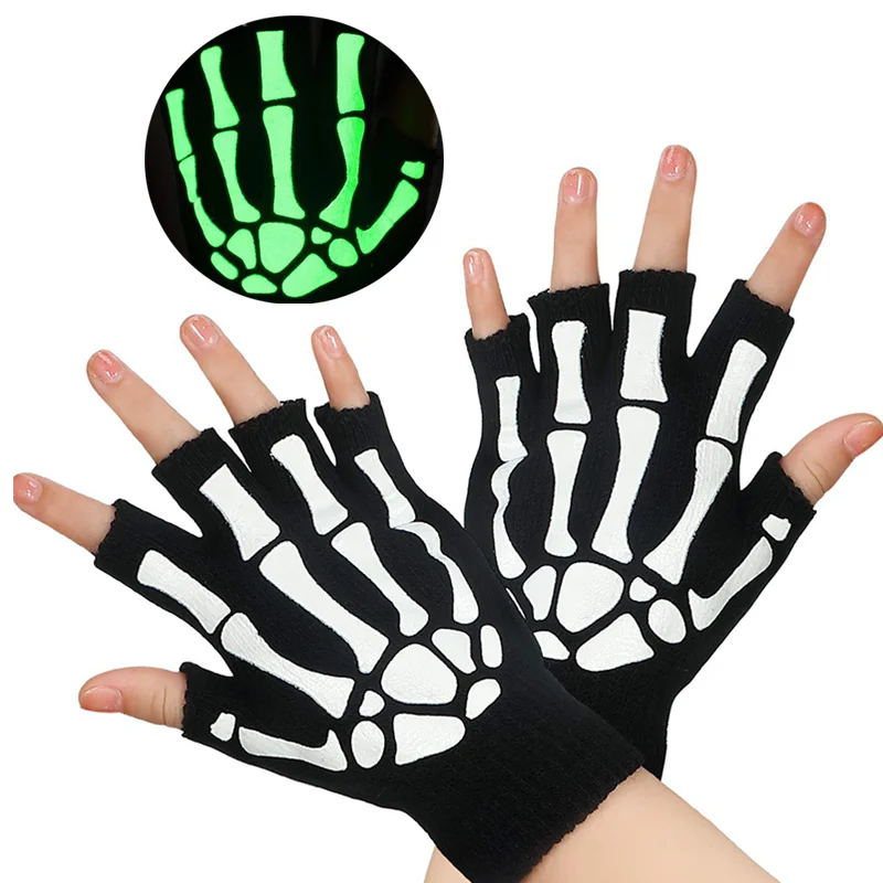 1 Pair Gothic Skeleton Reflective Gloves Horror Claw Bone Streetwear Half Gloves Halloween Split Finger Gloves For Men Women