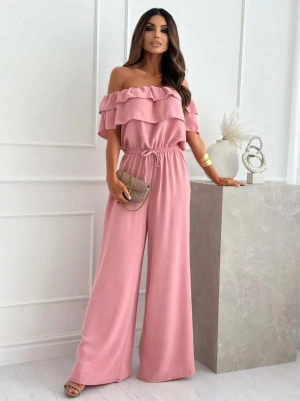 Women Off‑Shoulder Ruffle Jumpsuit Short Sleeve Drawstring Waist Wide Leg Solid Casual Jumpsuit