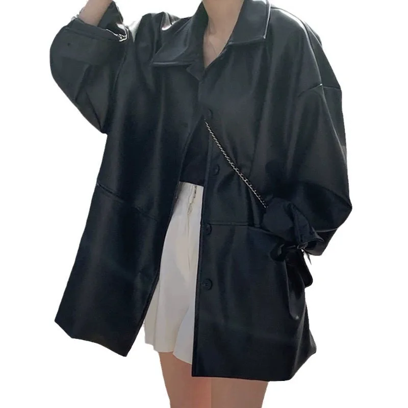 جديد وصول الكورية التلبيب سترة جلدية واحدة الصدر للنساء فضفاضة تناسب تنوعا فو الأعلى #4