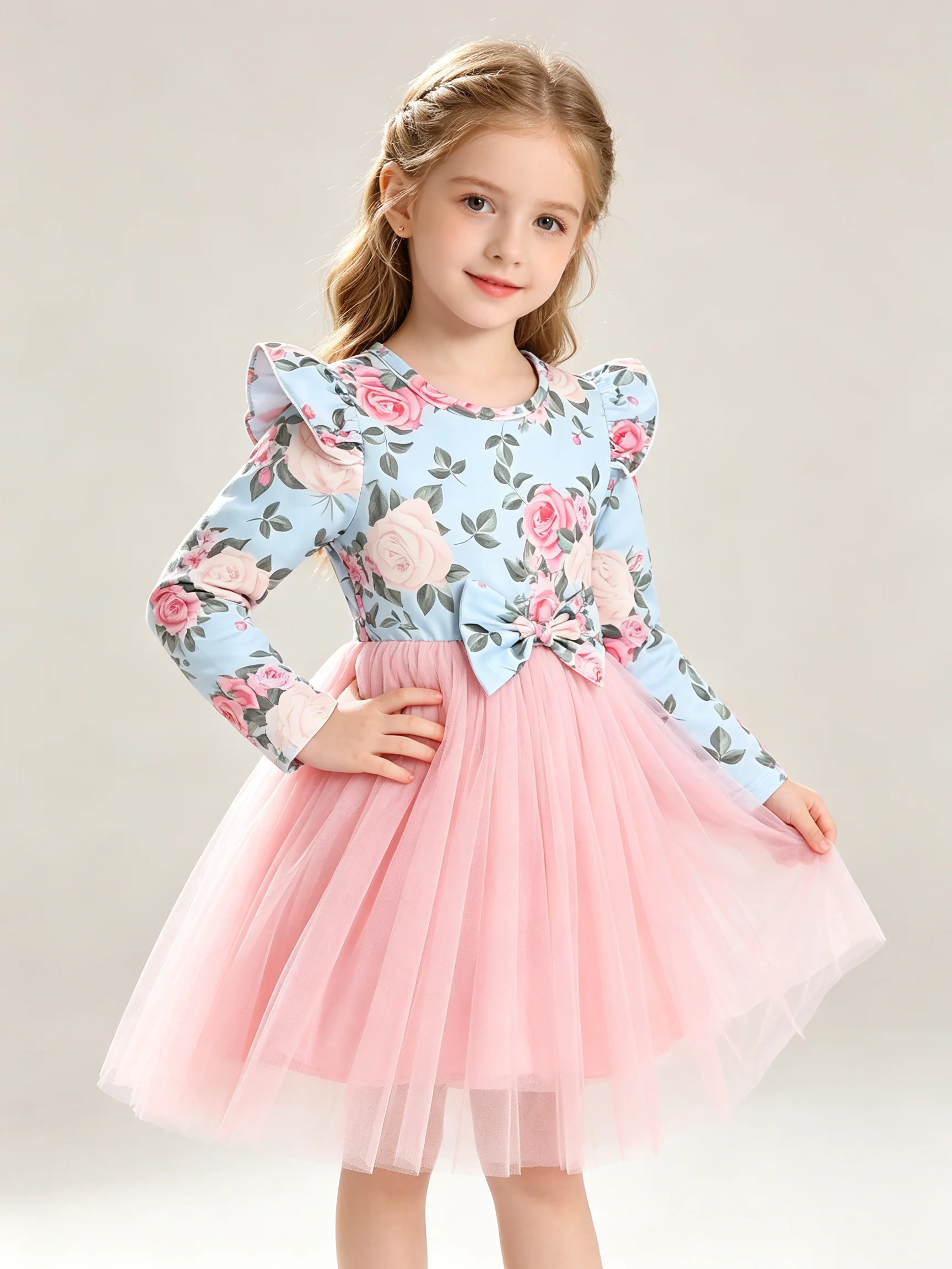 Kinder Vintage Blumen-Tutu-Kleid Langarm Hellblaues Oberteil Tüllrock Große Schleife an der Taille Bequeme Passform Alltagskleidung – Detail 2