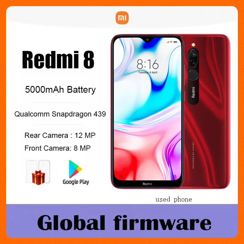 Doppia scheda SIM Firmware globale Xiaomi Redmi 8 Smartphone Schermo da 6,22 pollici Snapdragon 439 Eight Core 4G LTE Telefono usato