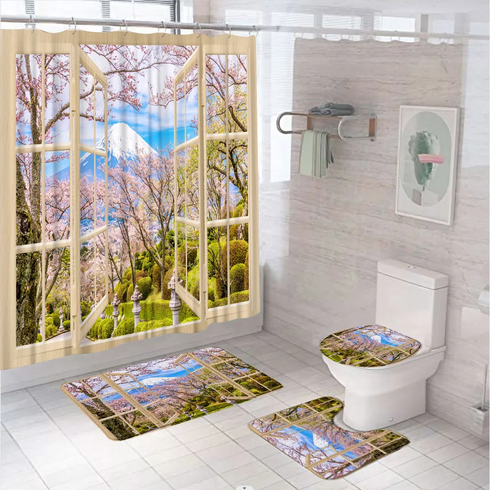 

Japanese Fujiyama Scenic Shower Curtain Set For Bathroom Decor Nature Cherry Blossom Window Screen Rug Bath Mat Lid Toilet Cover