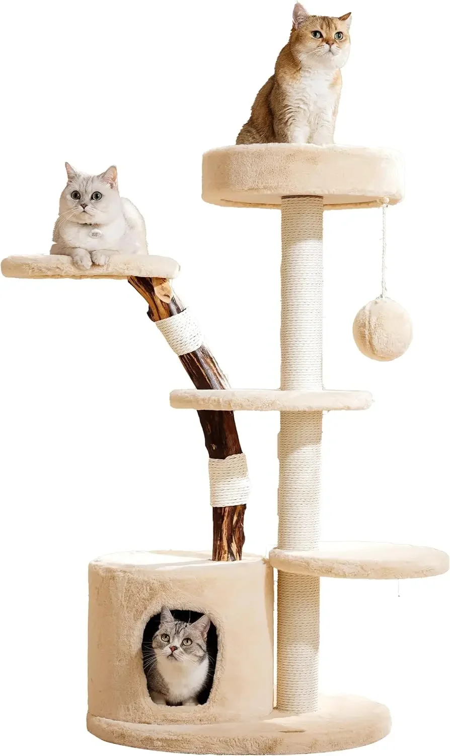 Small Modern Unique Aesthetic Cat Tree For Indoor Cats Large Adult,46 Inches Tall Natural Real Wooden Cat Tree With Scratching|