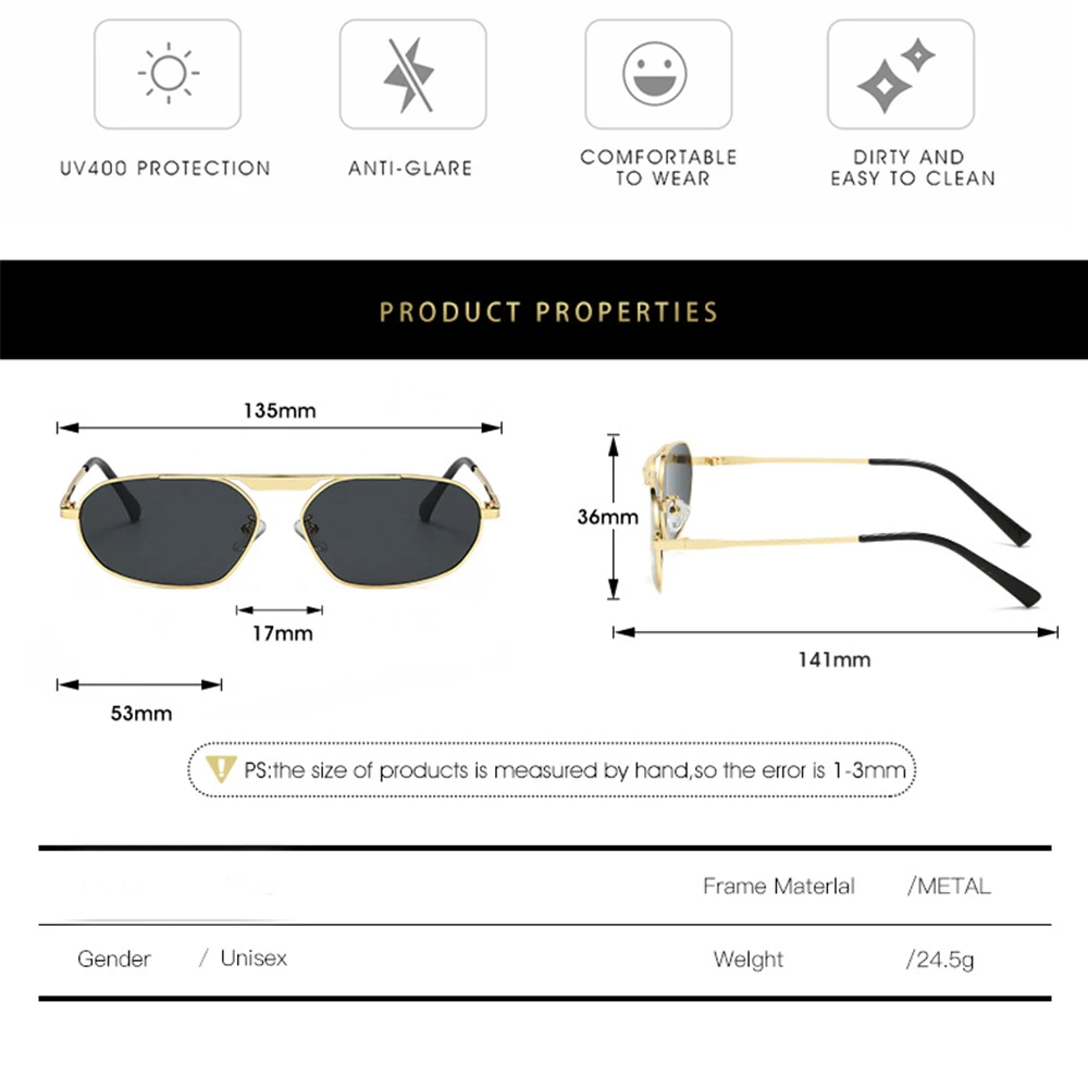 Okulary przeciwsłoneczne KLASSNUM Metalowe Y2k Punk Modne Wielokątne Małe Kwadratowe Oprawki Jednolite Odcienie Podróż Plaża Piasek