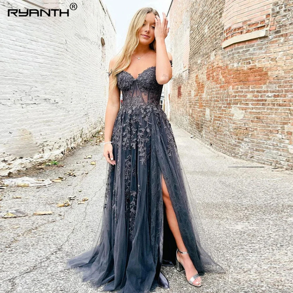 

Ryanth Exquisite A-line Prom Evening Dresses 2024 Women Slit V-neck Off the Shoulder Court Train Vestidos Robes De Soirée