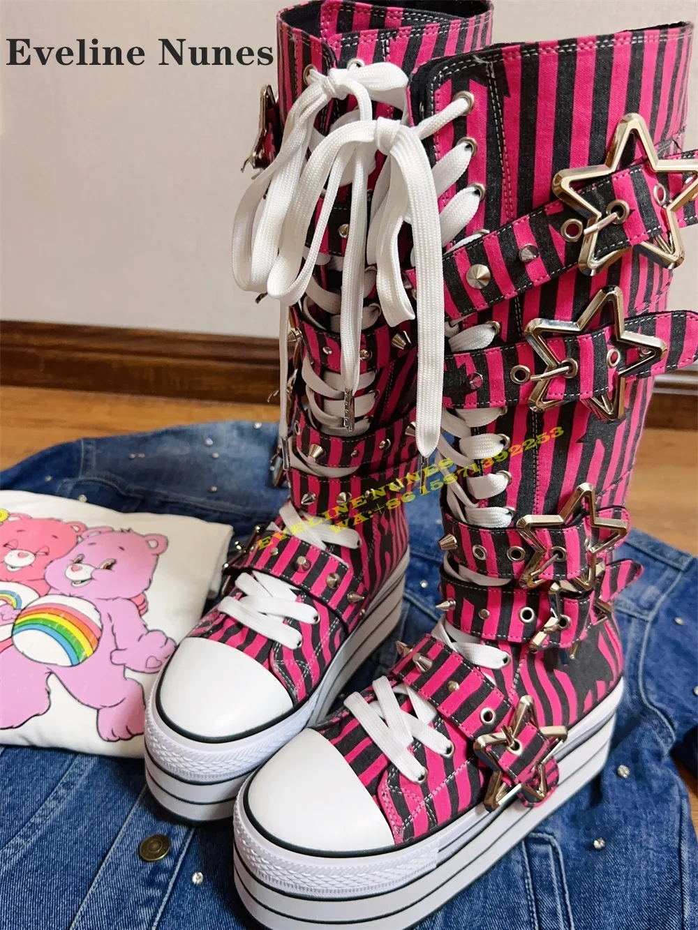 

Platform Cross Tied Canvas Fashion Modern Boots Round Toe Height Increasing Metal Star Buckle Mixed Colors Knee High Boots 2024