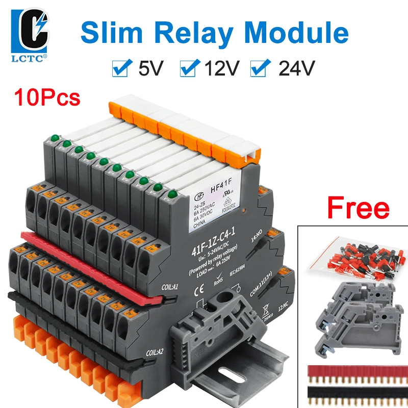 

10pcs Slim Relay 5V 12V 24V DIN Rail Mounted Relay Moudle HF 41F SSR 30VDC 250VAC High Frequency Interface Relay With Led 6A