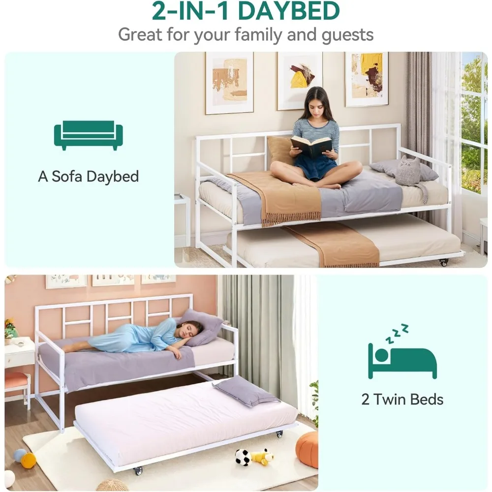 Daybed dengan Tempat Tidur Tambahan, Daybed Twin dengan Ketinggian yang Dapat Disesuaikan dan Tempat Tidur Tambahan yang Dapat Ditarik, Sofa Bed dengan Penyangga Bilah Baja untuk Li
