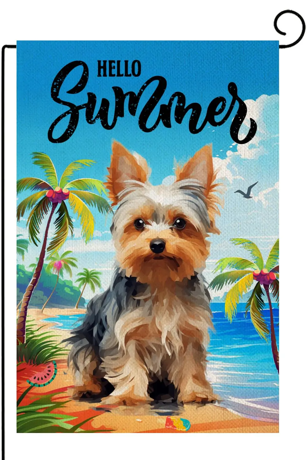 Yorkie Garden Flag Hello Summer Sea Beach Dogs 12x18 Inch Double Sided Outside, Ice cream Seagull Watermelon Seasonal Holiday Ya