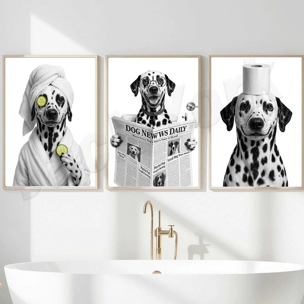 Póster de Lancashire Terrier con bata de baño, Lakeside Terrier, Labrador Retriever, Cook Terrier, Dalmatian, Kerry Blue Terrier