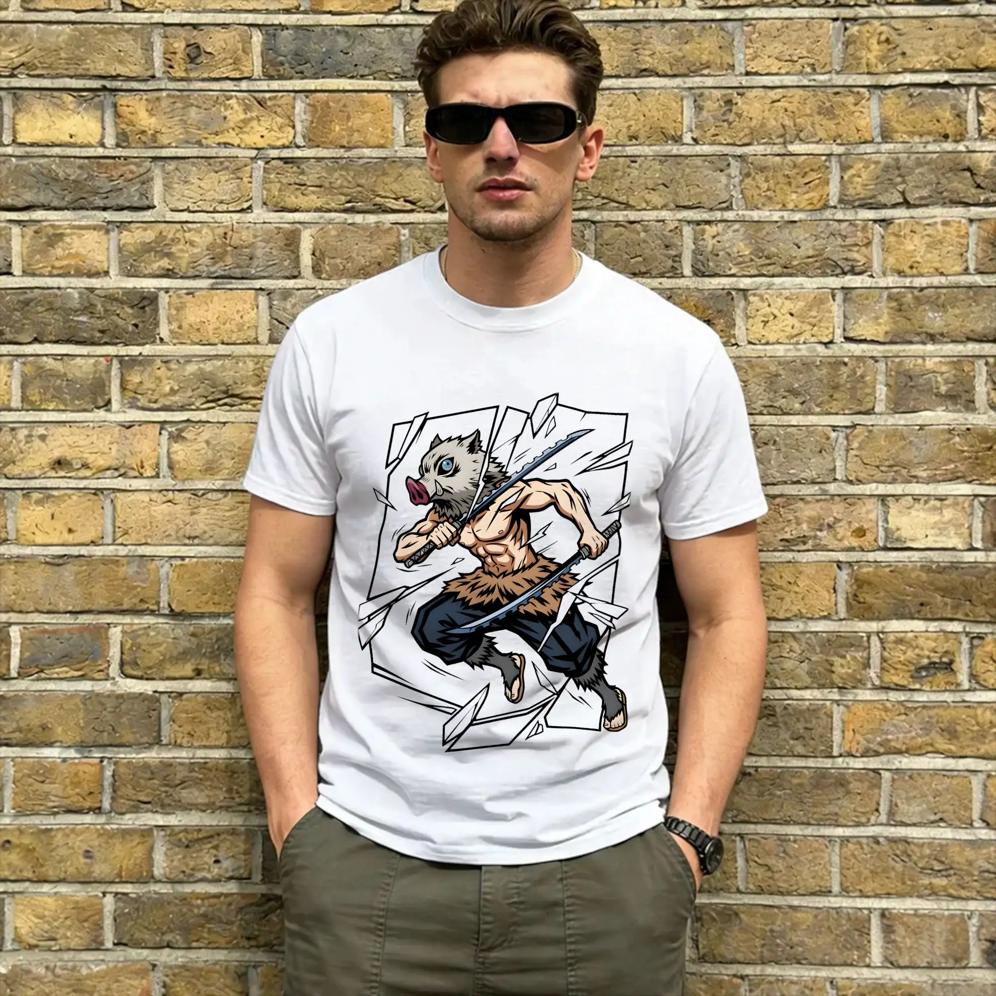 Inosuke  100 Cotton T Shirt For Men's Summer Demon Slayered Y2K Casual T-Shirts Breathable Harajuku Tees Plus Size Printed Tops