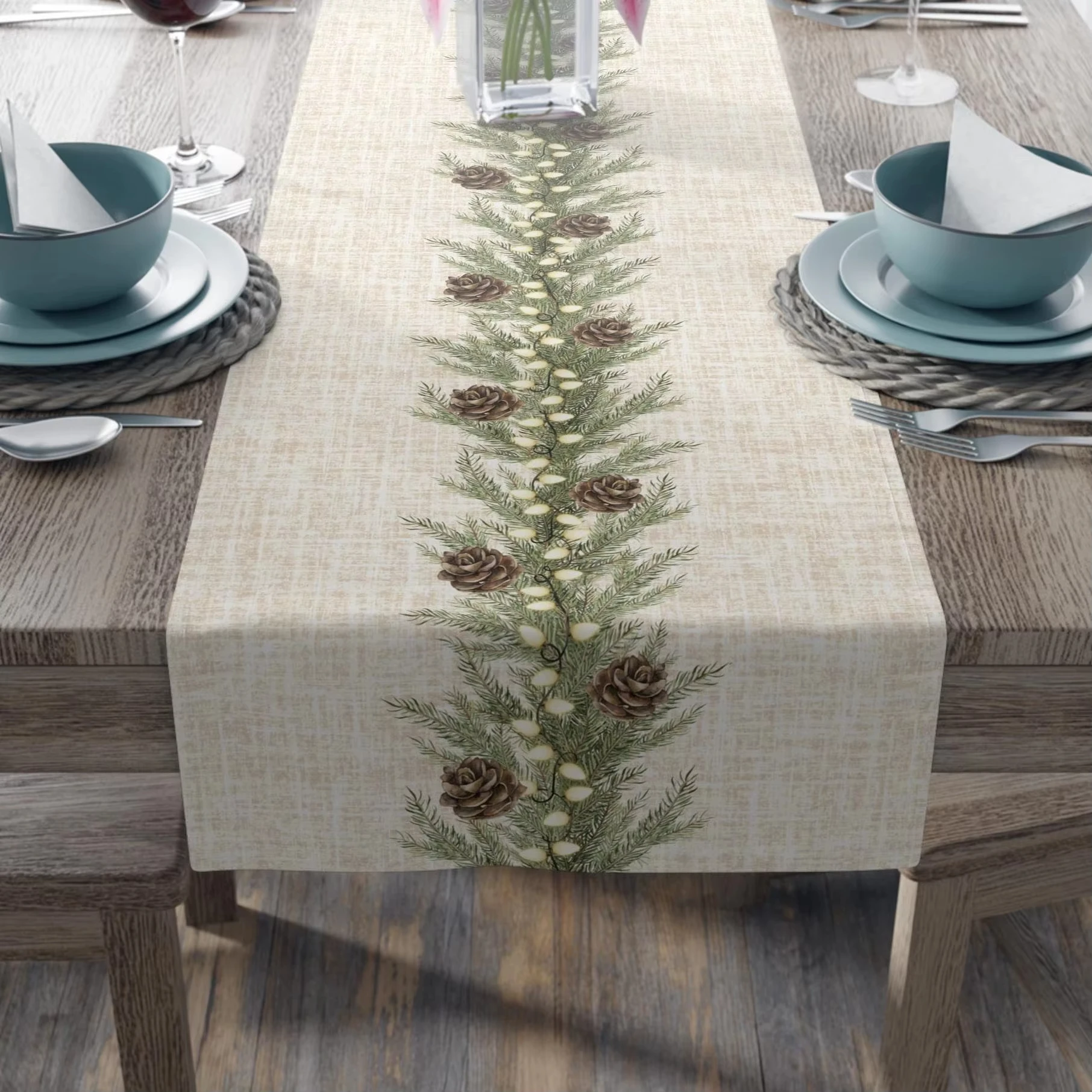 Rustic Christmas Table Runner | Beige & White Textured Background with Pine Garland Design | Perfect  Holiday Home Decor