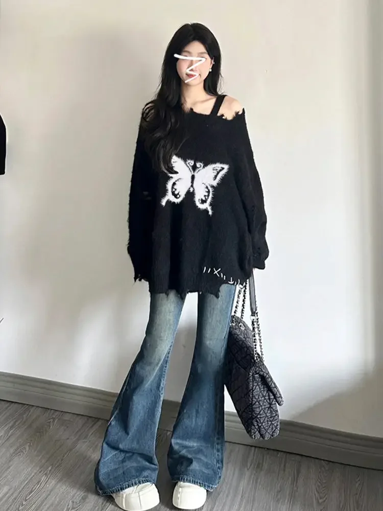 

Black Crewneck Laziness Loose Sweater Autumn Winter Y2k Pullovers Women Knit Top Casual Korean Soft Sexy Design Butterfly Top