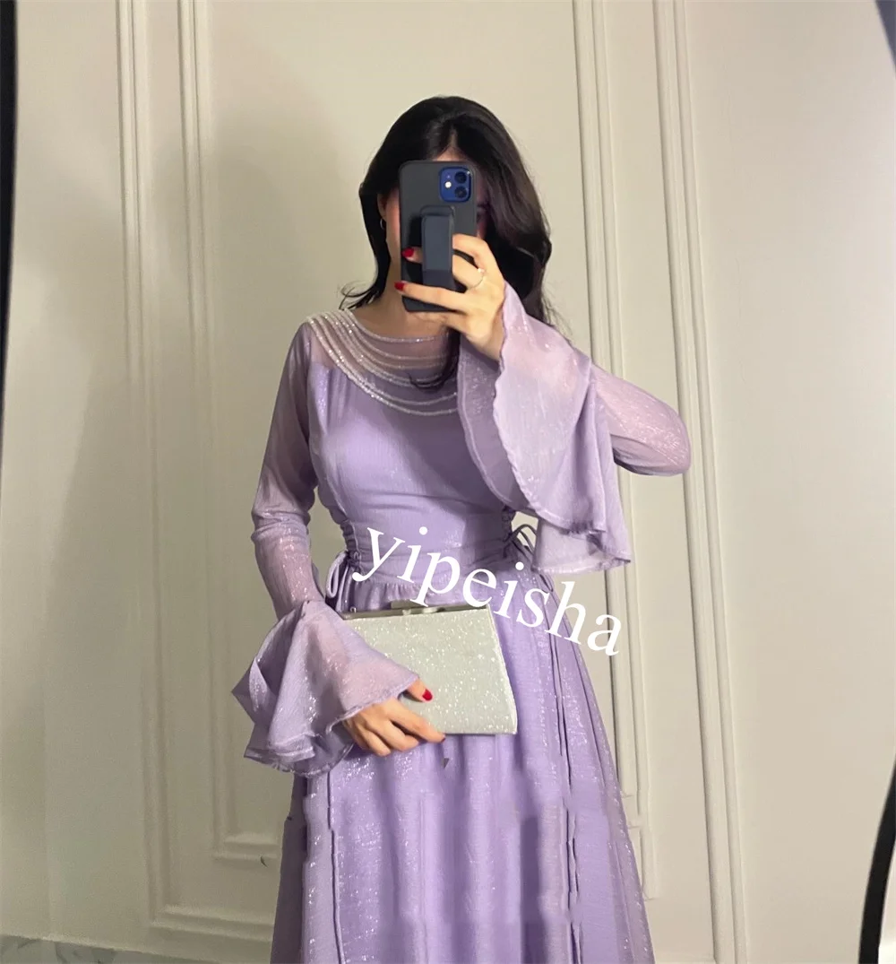  Evening Chiffon Beading Ruffle Clubbing A-line Scoop Neck Bespoke Occasion Gown Midi Dresses  Arabia  