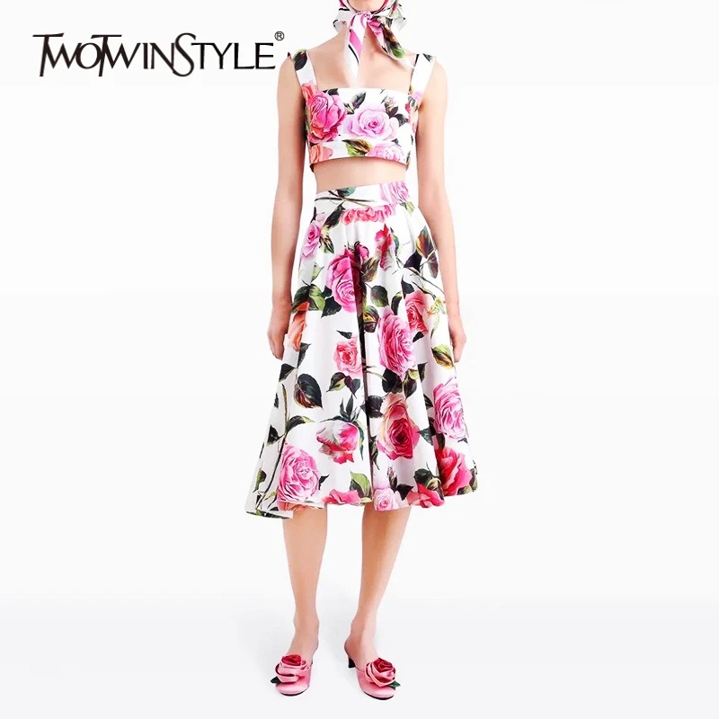 

TWOTWINSTYLE Slimming Printing Two Piece Sets for Women Square Neck Sleeveless Top High Waist Spliced Folds Skirt Set Female New