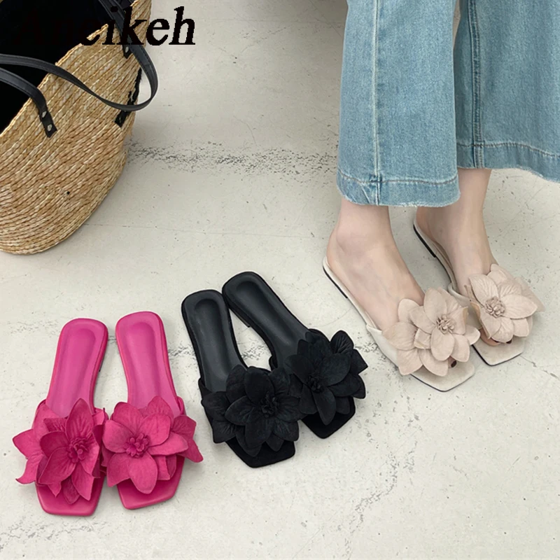 Aneikeh Summer Fashion Faux Suede Flower Square Headed Flat Heels for Women Slippers Flat Bottom Sandals Beach Slides Zapatos