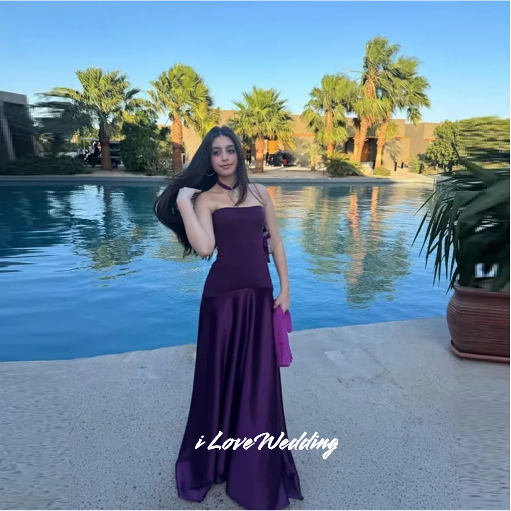 Lila trägerlose Ballkleider 2026, ärmellos, Satin, A-Linie, bodenlang, Dubai, formelles Abendkleid, Hochzeitsgastkleid, maßgeschneidert
