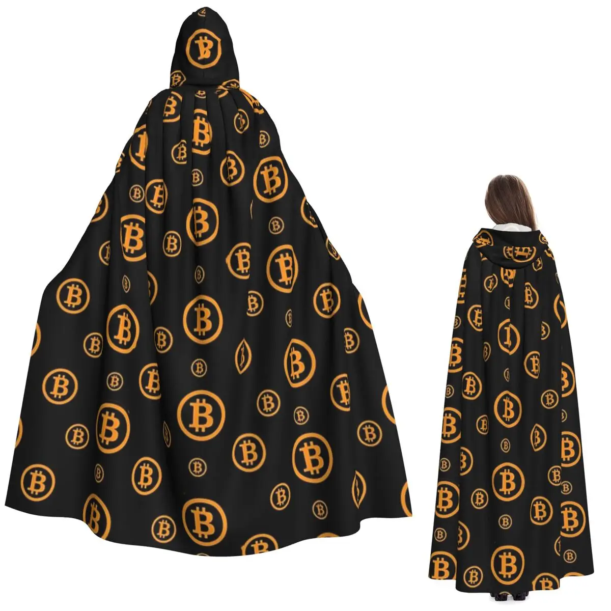 

Bitcoin Logo Pattern Long Hooded Cloak Witch Medieval Costume Cosplay Cape HalloweenCoat Adult Unisex
