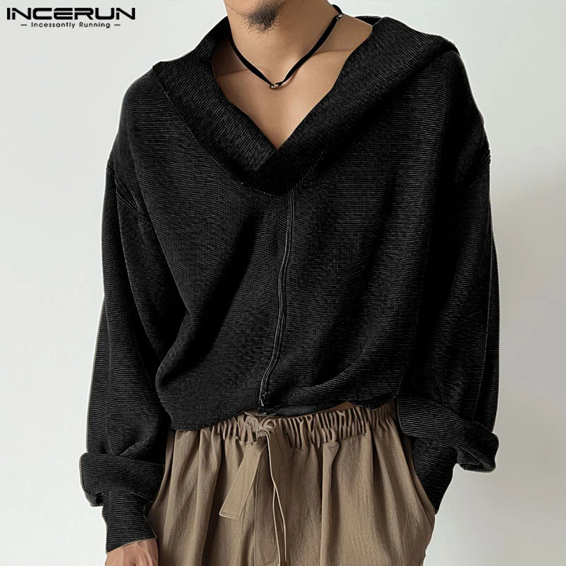 INCERUN Tops 2024 Korean Style Fashion New Men's Knitted Hooded Sweater Autumn Streetwear Male Solid Long Sleeved Pullover S-5XL