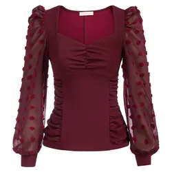 Camicie a maniche lunghe a sbuffo da donna camicetta con scollo a v primavera autunno top pullover con maniche a rete Patchwork Office Lady Slim Clothes