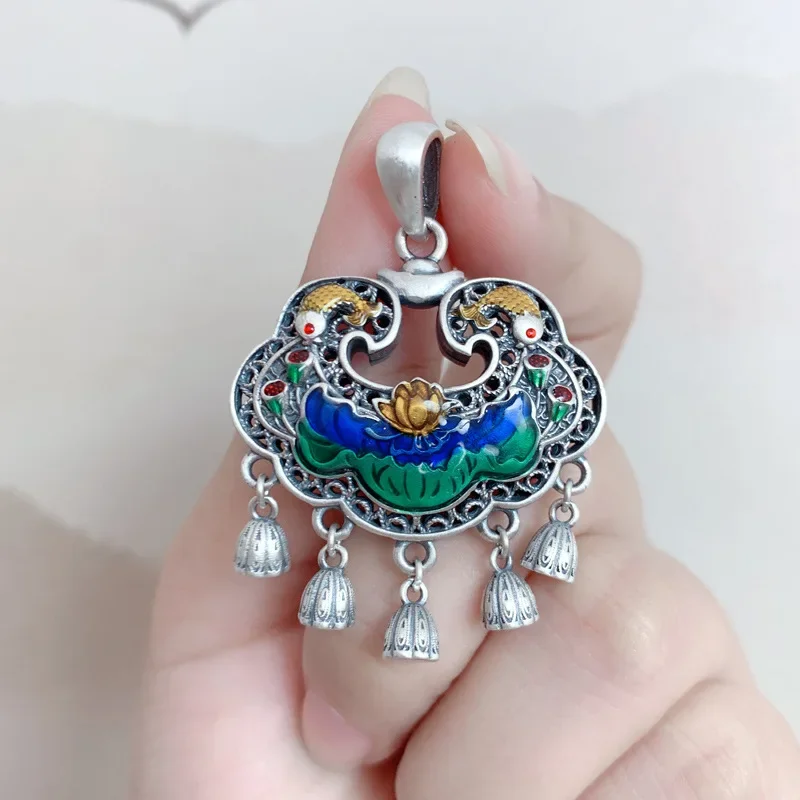 

Vintage S990 Real Silver Fish Lotus Tassel Pendant Handmade Retro Chinese Style Luck Lock Pendant Jewelry For Women DZ038