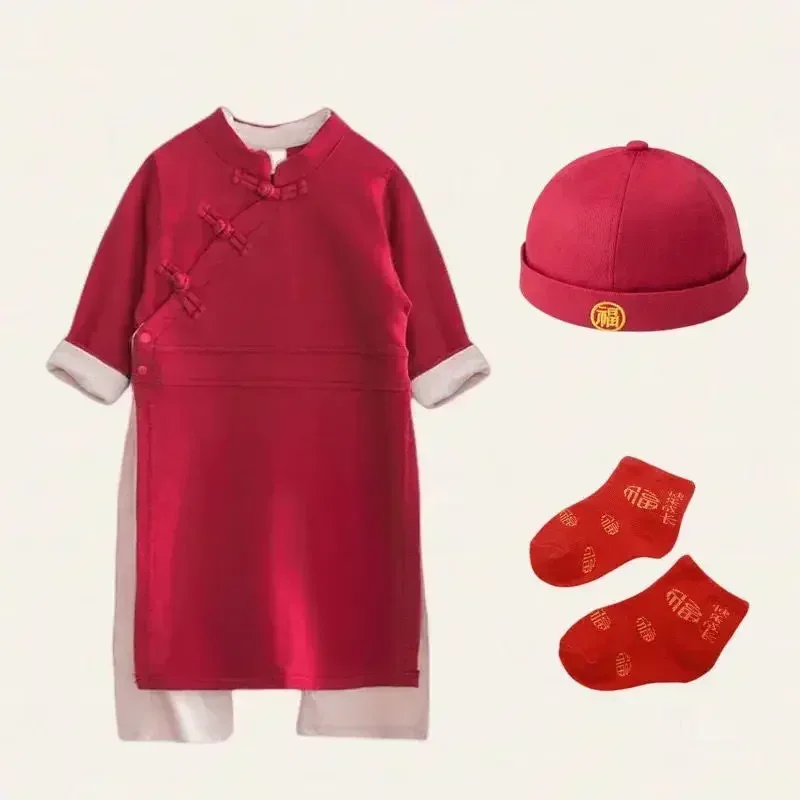 Chinese Traditional Cotton Red Handmade Button Long Sleeve Tang Suit Boys Girls Baby Birthday Gifts Photo Prop Tai Chi Uniform