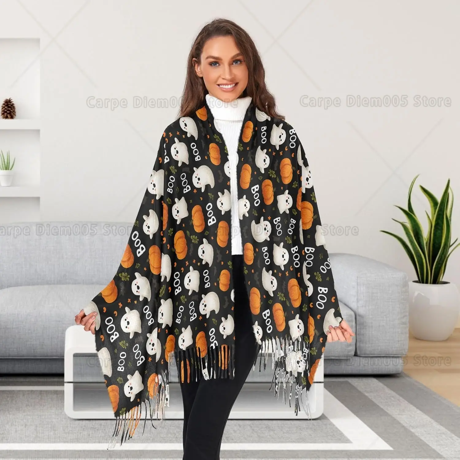 

Women's Halloween Ghosts Pumpkin Scarf Pashmina Feel Shawls Wraps Fall Winter Warm Large Scarves Fashion Tassel Long Scarf