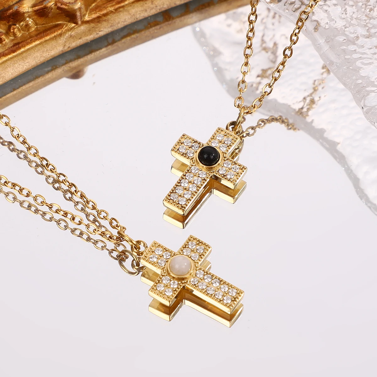 

Luxurious Zircons Cross Pendant Necklaces For Women Girls Stainless Steel Choker Chain Natural Stone Charm Clavicle Necklace