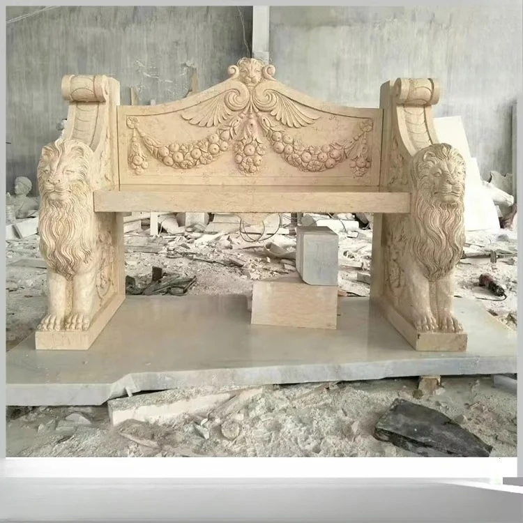 Stone luxury double lion yellow marble park bench seat